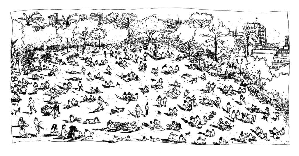 Schwarz-weiß-Zeichnung mit einer Menge kleiner Gruppen in einer Parksituation. Menchen