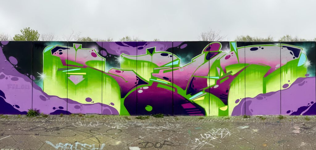 Ein Graffiti mit violetten fillins und hellgrünen Outlines auf einer ca 2m hohen Mauer.