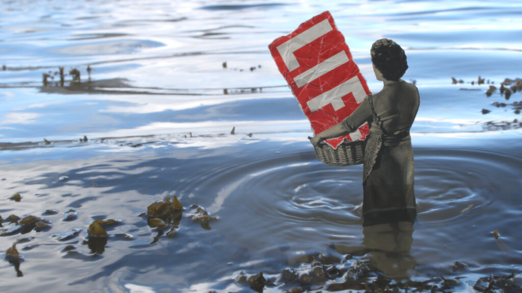 Collage einer Miniaturfigur mit einer Schild mit der Aufschrift "Life" in einem Gewässer